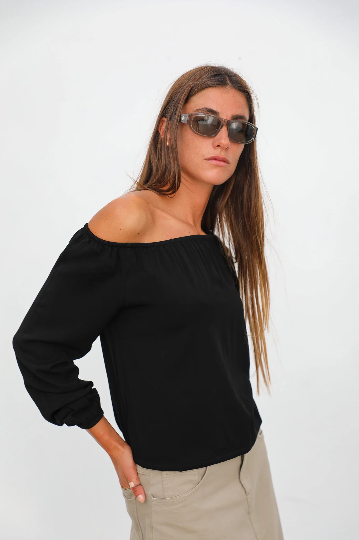Off-Shoulder Tencel Blouse Black - Image 8